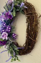 Load image into Gallery viewer, 15675 Oval Grapevine Wreath-Purple Everyday (polkadots, roses, lavender, floral mix)
