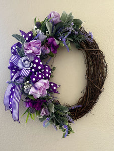 15675 Oval Grapevine Wreath-Purple Everyday (polkadots, roses, lavender, floral mix)