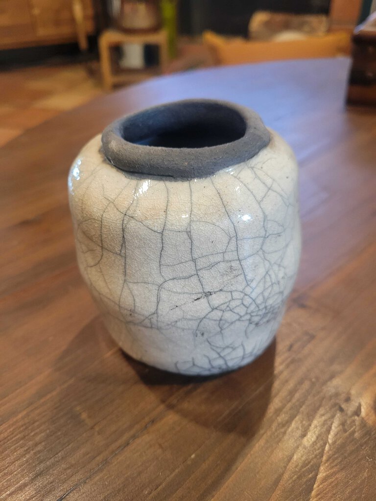 Raku white cracked small lantern shaped vase