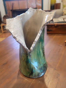 Green and White cracked vase