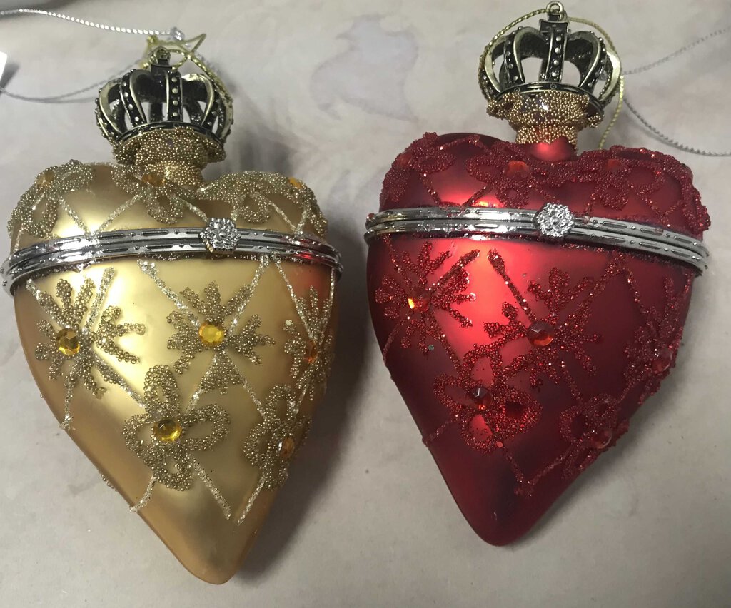 13769 Hinged Crown Heart Box, Glass, Red or Gold