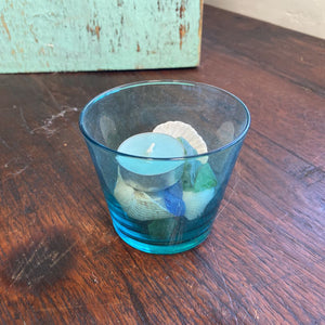 Aqua Votive With Seashell and Seaglass