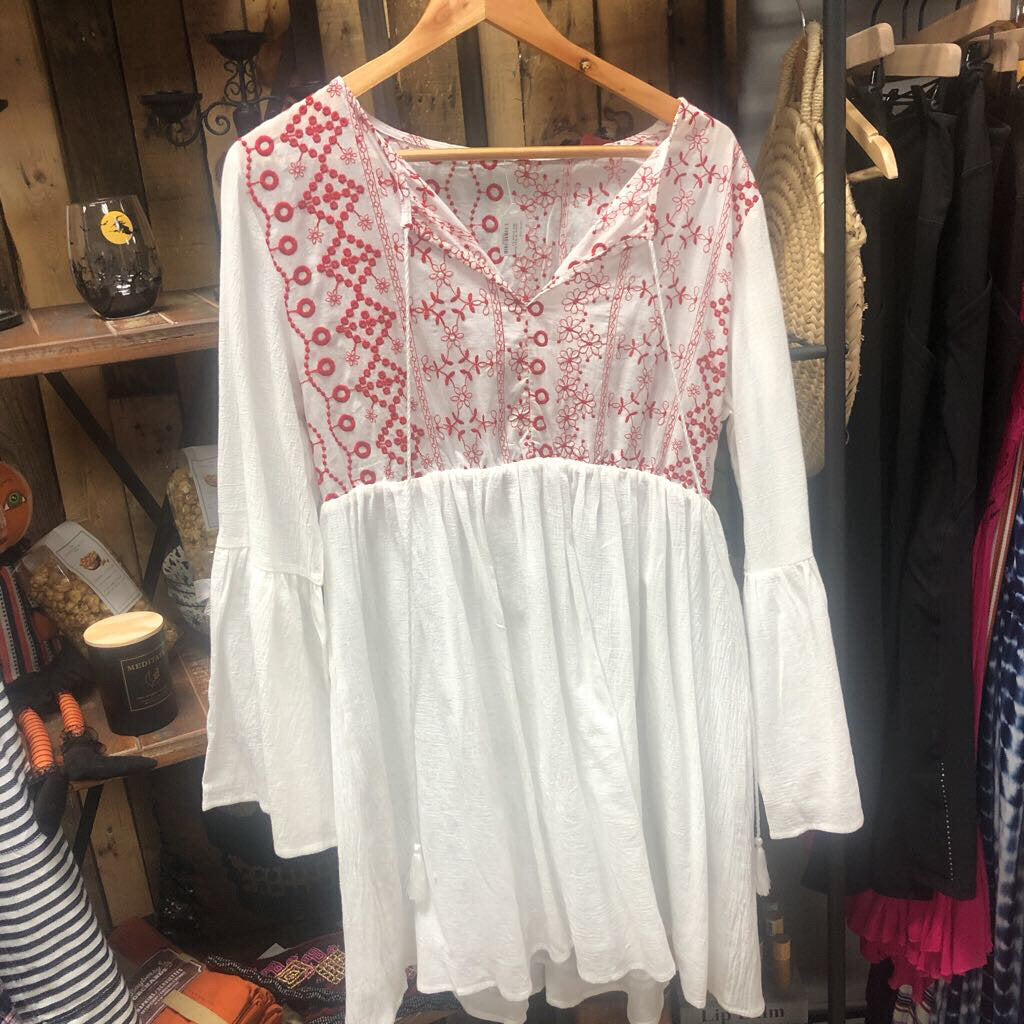 White W/Red Embroidered Mini Dress (L)