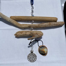 Load image into Gallery viewer, Evil Eye, Mandala, and Carlsbad Driftwood Suncatcher (Sparkly silver mandala, clear chandelier crystals, and evil eye beads) (12&quot; W x 12&quot; L)
