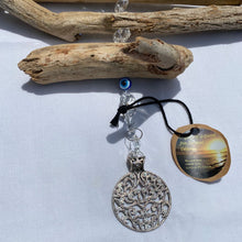 Load image into Gallery viewer, Evil Eye, Mandala, and Carlsbad Driftwood Suncatcher (Sparkly silver mandala, clear chandelier crystals, and evil eye beads) (12&quot; W x 12&quot; L)
