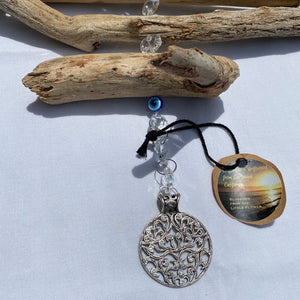 Evil Eye, Mandala, and Carlsbad Driftwood Suncatcher (Sparkly silver mandala, clear chandelier crystals, and evil eye beads) (12" W x 12" L)