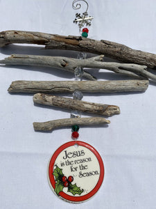 Jesus is the reason for the season Carlsbad Driftwood Suncatcher (Green and red glass beads, clear chandelier crystals) (12" W x 13" L)