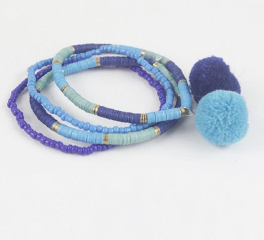14344 Blue Plush Ball Beaded Bracelet Set/4