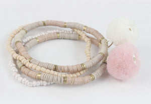 14344 Pink Plush Ball Beaded Bracelet Set/4