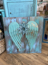 Load image into Gallery viewer, Aqua Wings on Old Boards Art Piece
