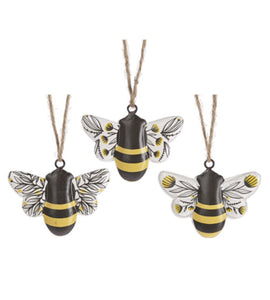 14441 Bee w/Floral Wings Ornament, brown/yellow/white, 4 x 2 3/8"