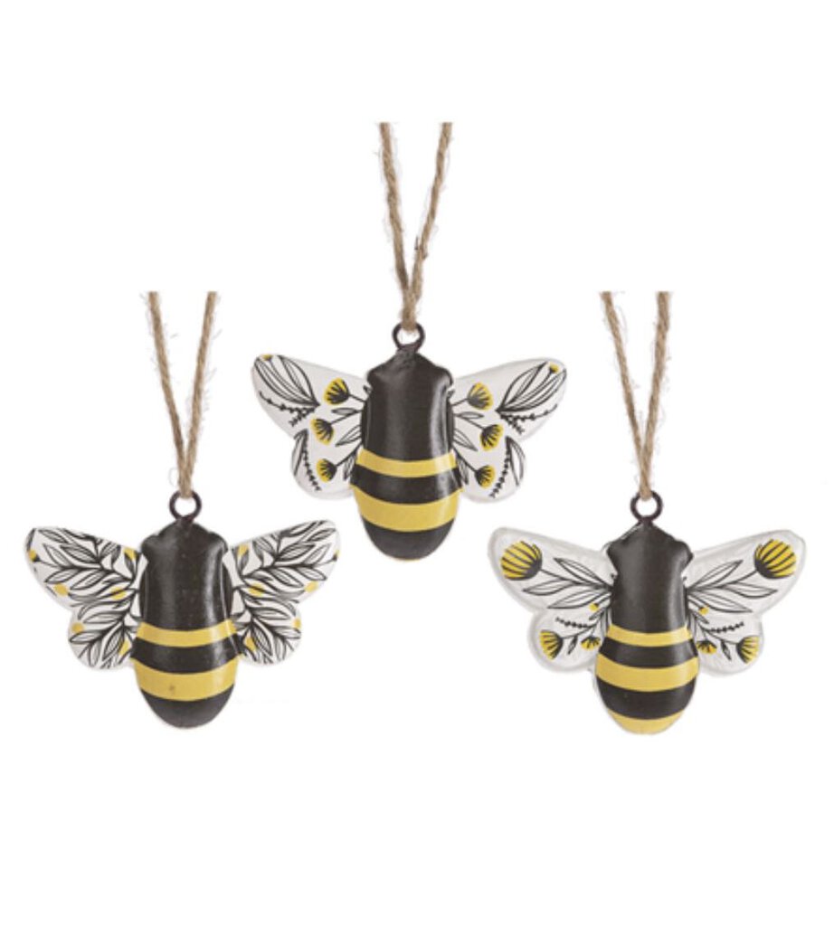 14441 Bee w/Floral Wings Ornament, brown/yellow/white, 4 x 2 3/8