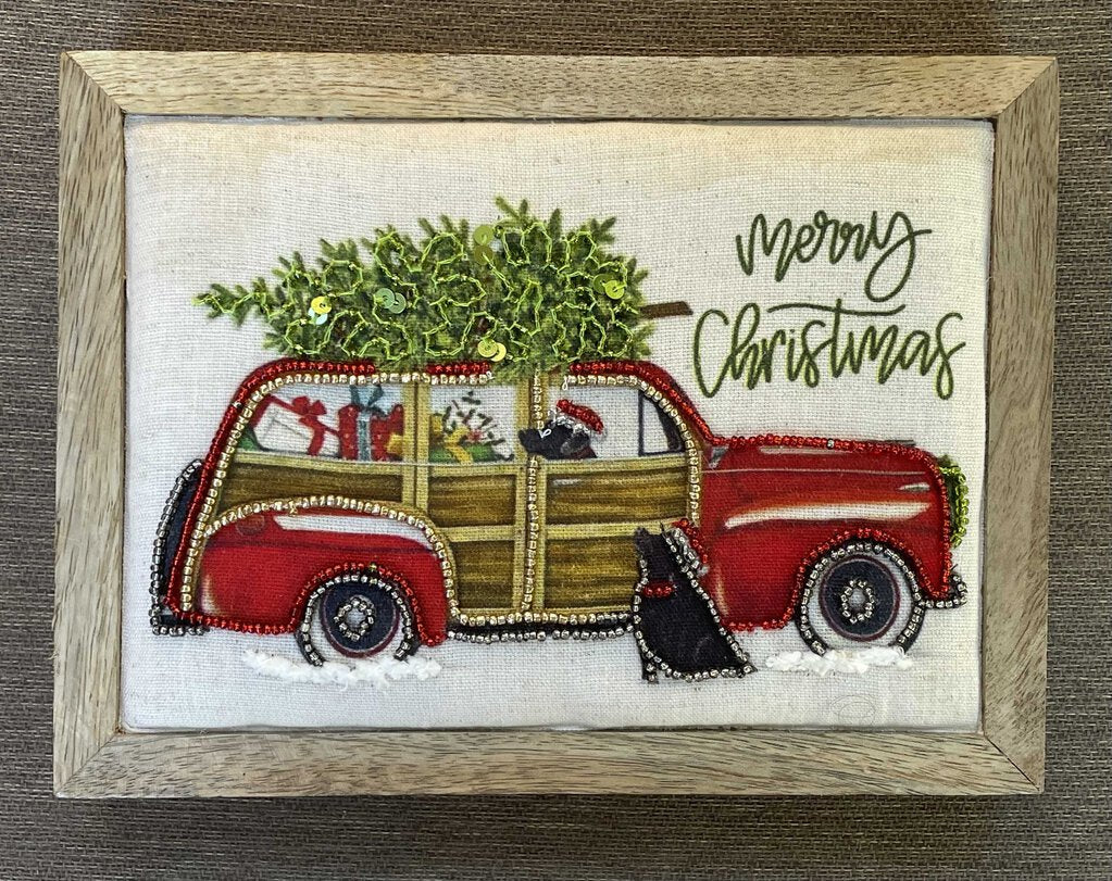 Merry Christmas Sign, Car w/Tree & Dogs, 8 x 5