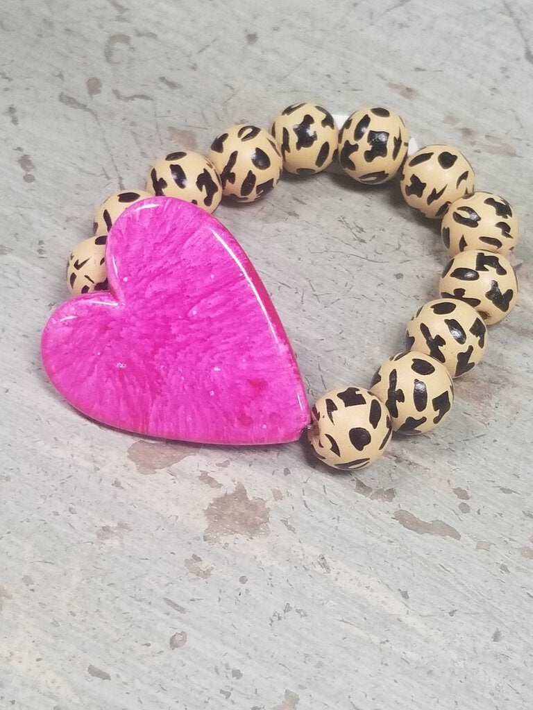 Pink Heart w/Animal Wood Beads