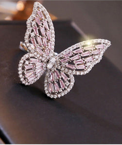 14587 Butterfly Ring, Zircon, Pink/Silver, Adjustable