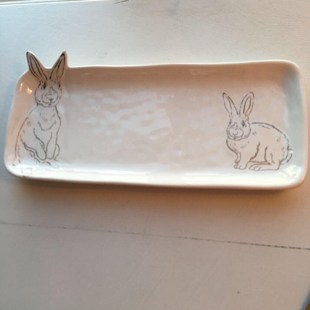 Ceramic Bunny Tray white & gold 14x6x1 TC