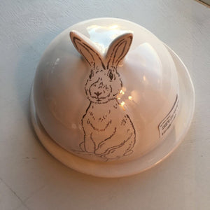 Ceramic Covered Bunny Dish white & gold 7x4.75H TC