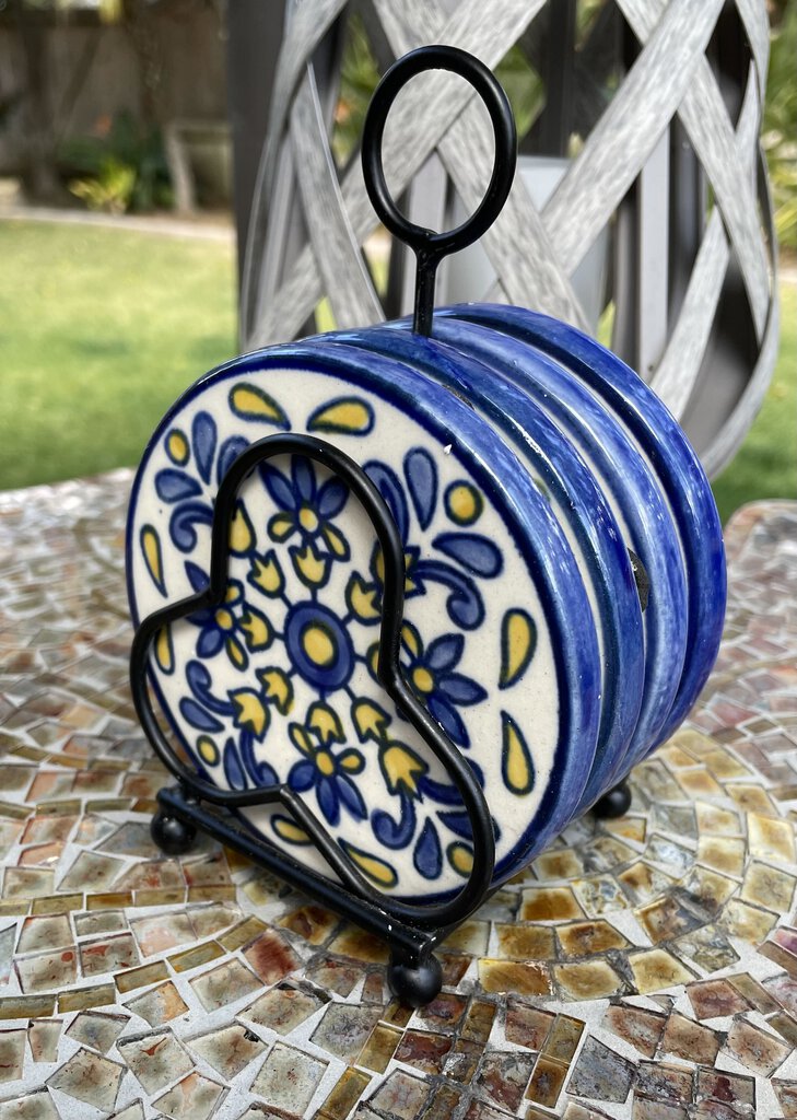 14661 Ceramic Coasters w/Metal Holder Set/4, Blue, Yellow