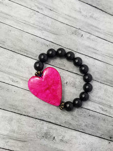 Pink heart w/blk beads 7.50"