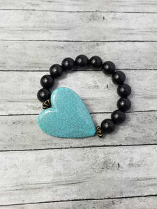 Turquoise Heart Bracelet w/Blk Beads 7.50"