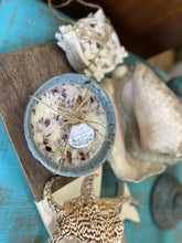 Load image into Gallery viewer, Boho Blue Pottery Bowl Orange Vanilla Essential oils with dry florals Soy Candle
