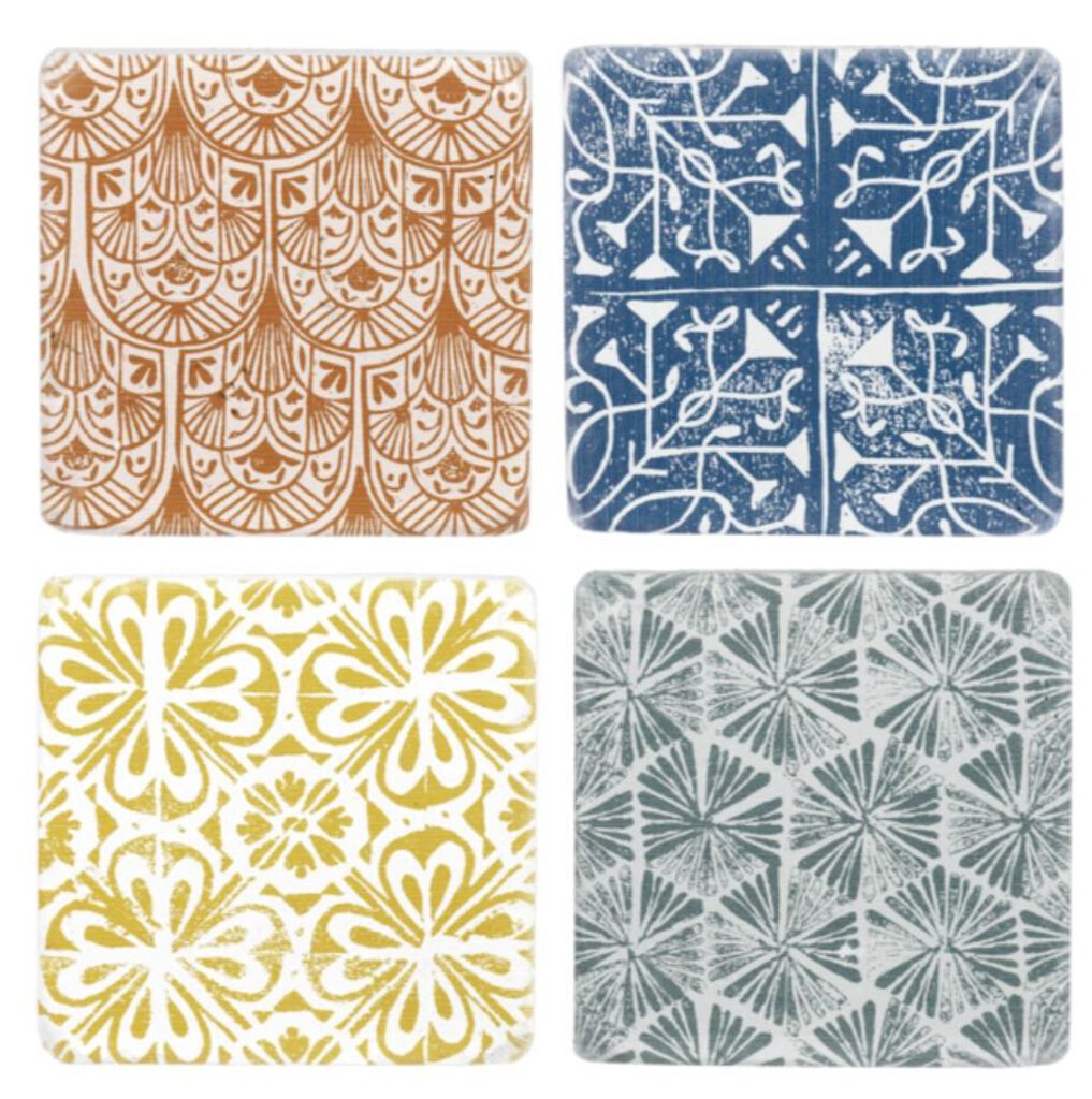 14832 Block Print Pattern Coaster Set/4, Blue, Green, Yellow, Coral