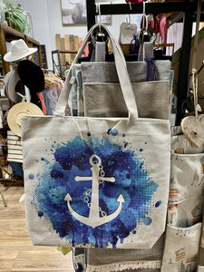 13970 Anchor Nautical Canvas Bag, Zipper Closure, vinyl lined