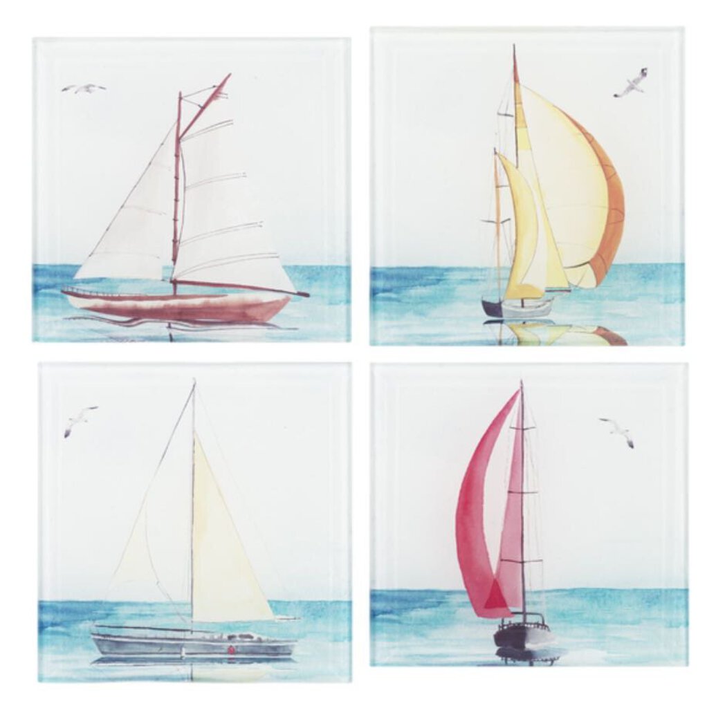 14987 Sailboat Coasters, Assorted prints, Glass, Set/4