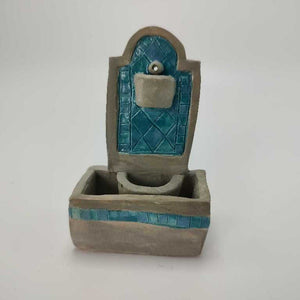 Miniature Concrete Fountain Blue and Teal Tiles 3.5"