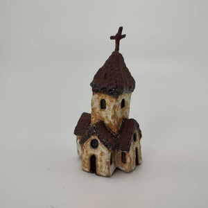 White Rustic Miniature Church w Cross on Steeple 3"