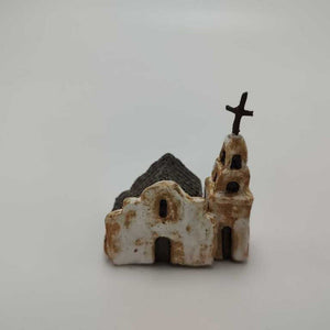 White Rustic Miniature Mission w Cross on Steeple 2.5"