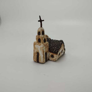 White Rustic Miniature Mission w Cross on Steeple 2.5"