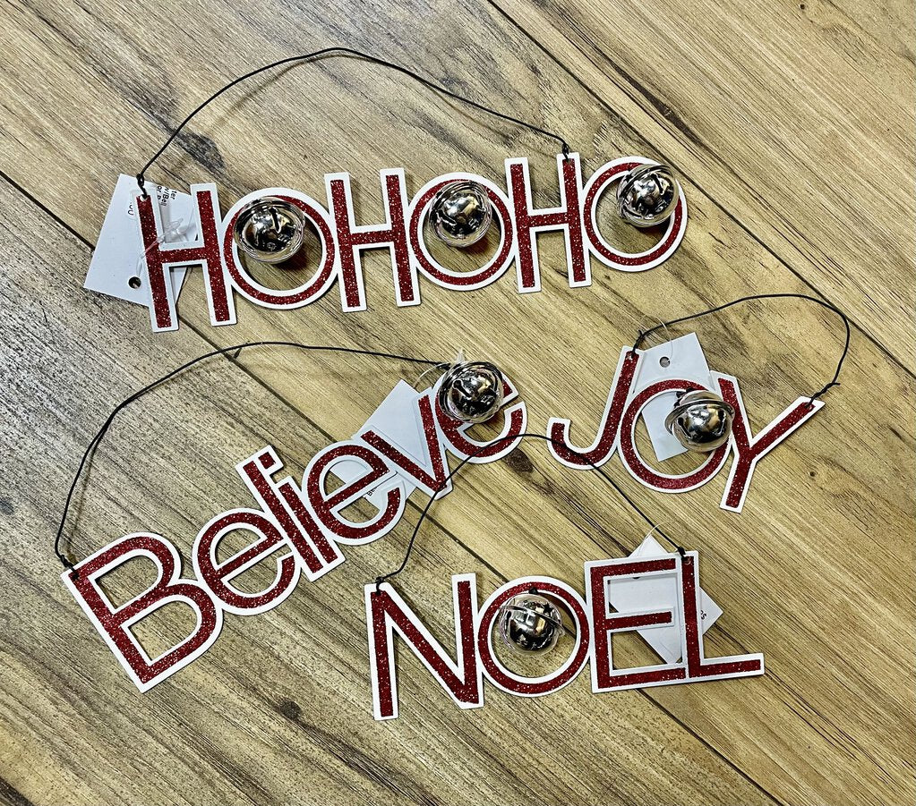 14854 Red/White Glitter Message Ornament w/Bell (Noel, Joy. HoHoHo, or Believe)