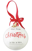 Load image into Gallery viewer, Our First Christmas As Mr &amp; Mrs 2022 Ornament, Ceramic Ball w/red velvet ribbon, wood tag
