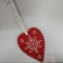 Load image into Gallery viewer, 14875 Snowy Heart Ornament, painted wood 3 x 4
