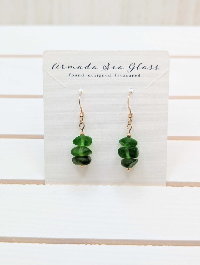 Green and Olive Green Genuine California Sea Glass Bar Earrings 14k Gold Filled