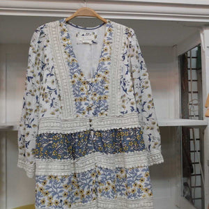 ANTHROPOLOGIE Peasant Dress Size 12 Long Floral Maxi Buttons Lace Cotton Blue Cream Yellow Karoline