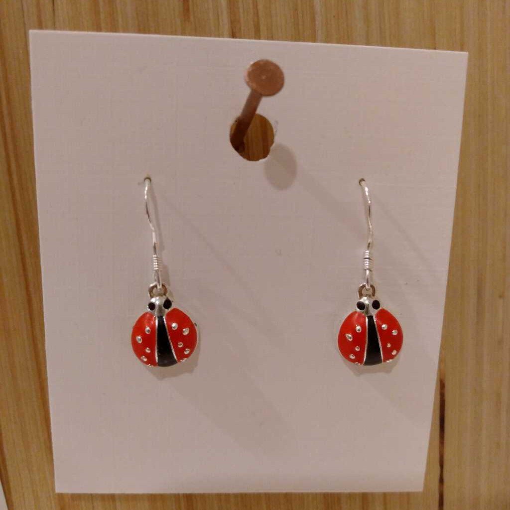.925 Sterling Silver + Enamel Red Ladybug Earrings French Hook Dangle