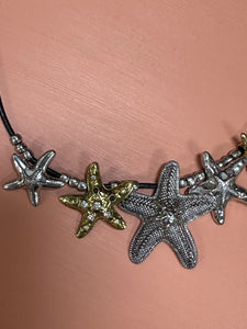 12804 Leather/Metal Starfish Necklace-Silver, Gold, Black