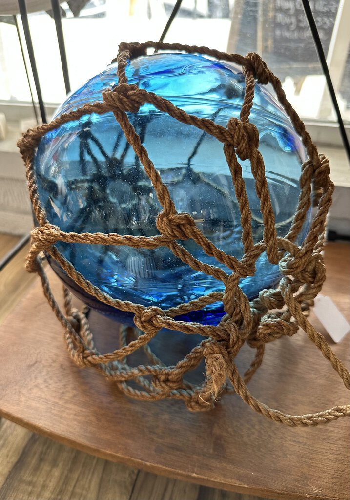 Vintage Japanese Glass Fish Float with Netting, Blue