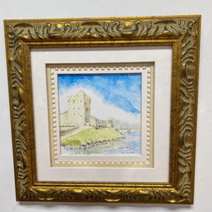 Small Signed Watercolor Castle 131/4 square bpv015
