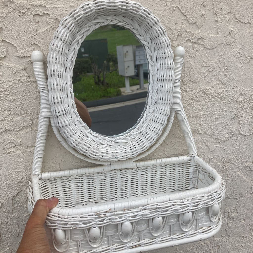 White wicker wall shelf with mirror