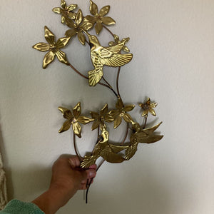 Vintage MCM Brass color metal hummingbirds/flower wall hanging