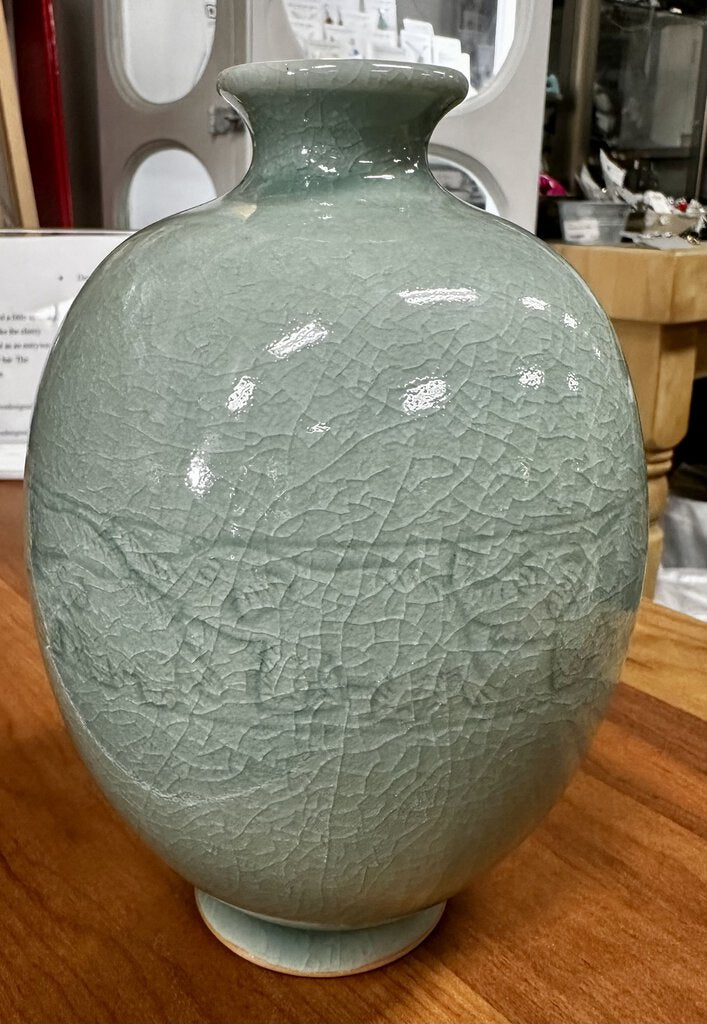6905 Vintage Hand Crafted Siam Celedon Vase w/Crackle Glaze, Elephant Pattern
