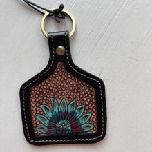 Load image into Gallery viewer, Peacock sunflower hand tooled key fob S8208 103023
