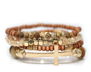 Cross Stone & Wooden Bead Bracelet Set of 4