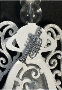15264T Silver & White Wood Angel w/Trumpet