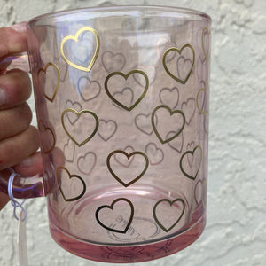 Glass mug with gold hearts