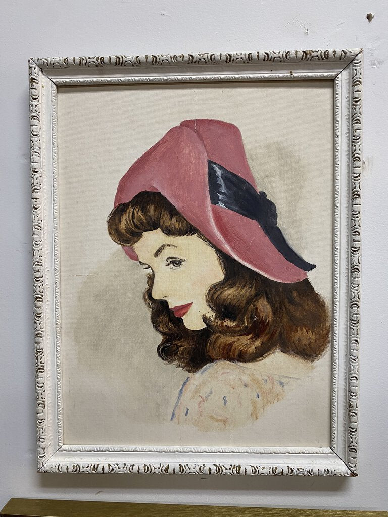 Framed Oil Lady In Pink Hat 10.5