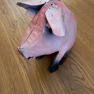 Handmade and hand painted pink sitting metal pig approx MAI